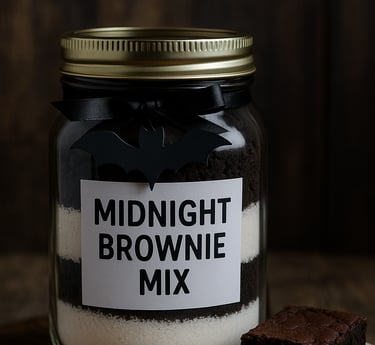 Mason jar of Midnight Brownie Mix with black cocoa and sugar layers, decorated with bat ribbon