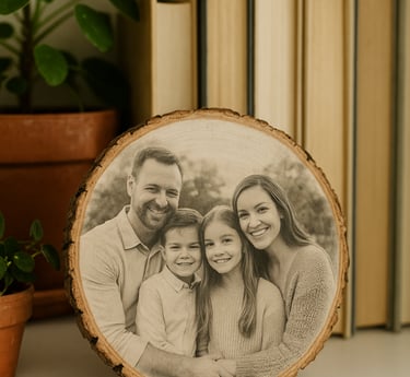 Rustic wood slice featuring a faded black-and-white family photo, leaning on a white shelf 