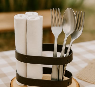 Rustic wood slice base with two dark metal bands holding rolled white napkins and stainless steel 