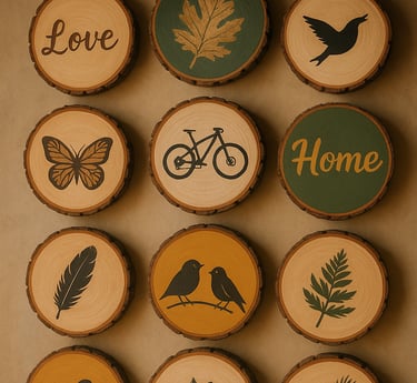 Wood slices with mixed painted, natural, and woodburned designs—birds, leaves, words