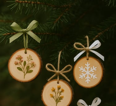 Wood slice ornaments with dried flowers and snowflake designs hanging from ribbons on a tree