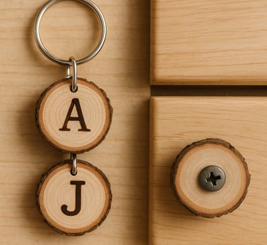 Tiny wood slice keychain with initials “A” and “J” beside a drawer pull made from a wood slice
