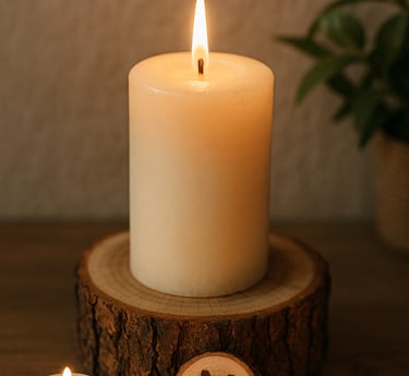 Lit pillar candle on a thick wood slice base with tealight candles glowing around it.