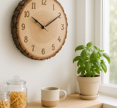 Rustic wood slice wall clock with woodburned numbers hanging in a bright kitchen nook