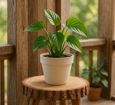 Leafy green houseplant in a pot placed on a thick wood slice table with rough-hewn legs