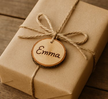 Gift wrapped in kraft paper with twine bow and a small wood slice tag reading “Emma.