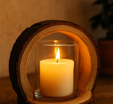 Glass candle holder with a lit candle framed inside a hollowed wood slice, glowing with warm golden 