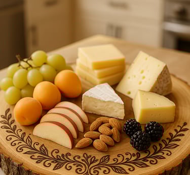 Rustic wood slice charcuterie board with decorative wood-burning, topped with cheeses, grapes,