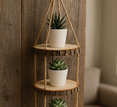 Three-tiered hanging shelf made of wood slices connected by jute rope