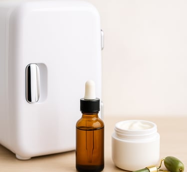 A white skincare fridge with moisturizer and retinol serum on a vanity table