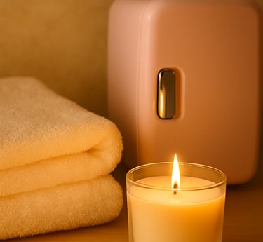 A rose colored skincare fridge with spa towels and an aromatherapy candle.