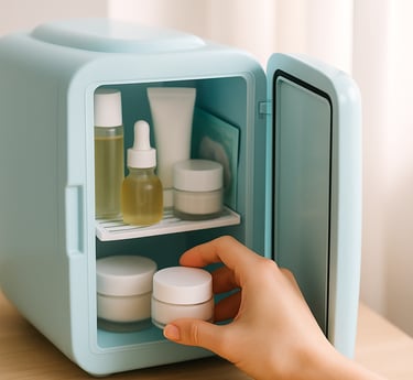 a womans hand reaching into a skincare fridge grabbing a serum.