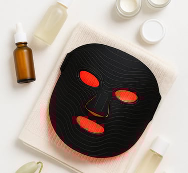 Red light therapy mask resting on a folded towel with skincare products and jade roller