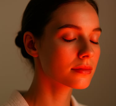 lose-up of a young woman with healthy skin illuminated by soft red LED therapy light