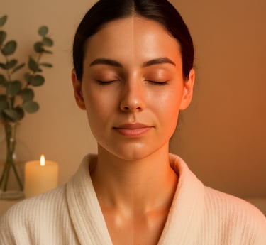 Before and after comparison of a woman in a spa setting, wearing a white robe, red light therapy