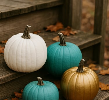 Three pumpkins painted in solid colors — white, teal, and metallic gold