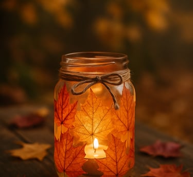 a glowing mason jar lantern decorated with pressed autumn leaves and tied with twine.