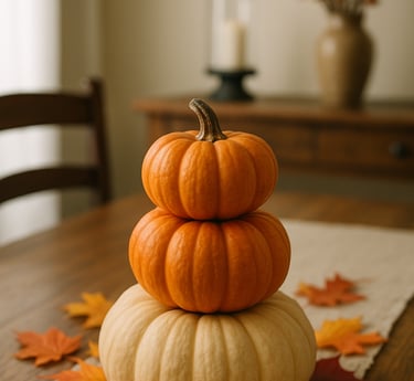 a rustic fall centerpiece with three stacked pumpkins on a wooden dining table