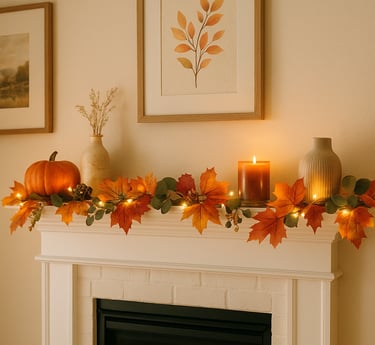 cozy fireplace mantel decorated for fall with a vibrant autumn leaf garland