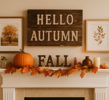 fall mantel decorated with rustic wooden signs that read “HELLO AUTUMN” and “FALL,”