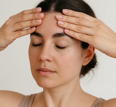 A woman practicing face yoga by performing the Forehead Smoother exercise