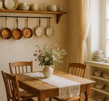 Chateaucore dining room with rustic table, lace runner, vintage china, copper pots, and wildflowers.