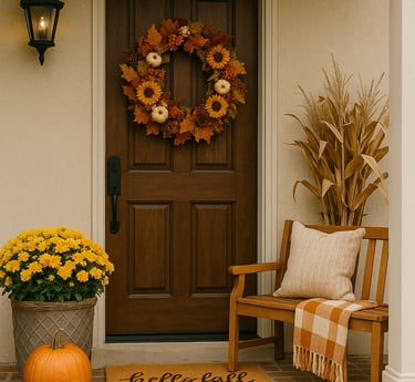 Front door with sunflower-leaf wreath, “hello fall” doormat, cornstalk bundle, bench