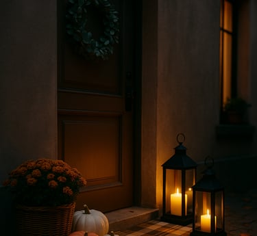 Twilight porch with eucalyptus wreath, layered plaid rug and coir mat, two black lanterns with warm