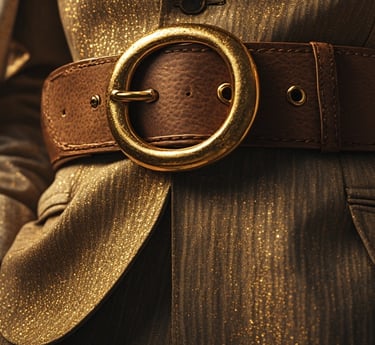 Close-up of a model wearing a massive sculpted leather belt with an oversized gold buckle 