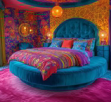 Funhaus Centered sculptural round bed upholstered in rich teal velvet, layered with colorful pattern