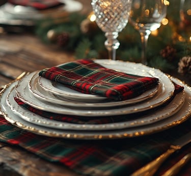 Tartan Christmas table setting with brass candlesticks and plaid layers.