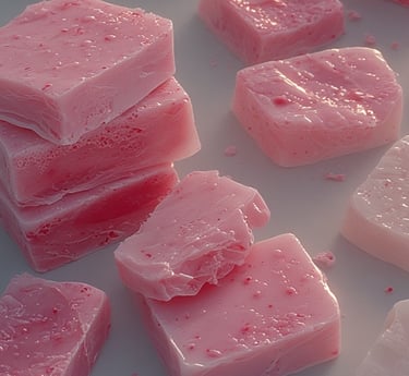 Hot pink neon soap bars with ultra-glossy, glass-like surfaces. Minimal pop-art styling 