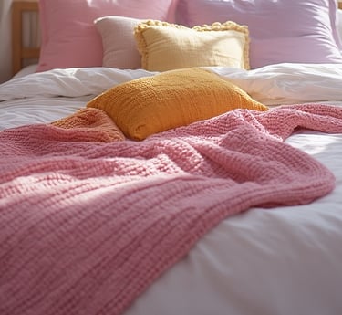 Rose pink bedding and throw blanket in a cozy bedroom