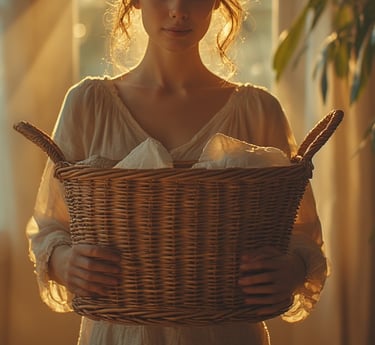 woman holding a woven declutter basket, soft golden afternoon light.
