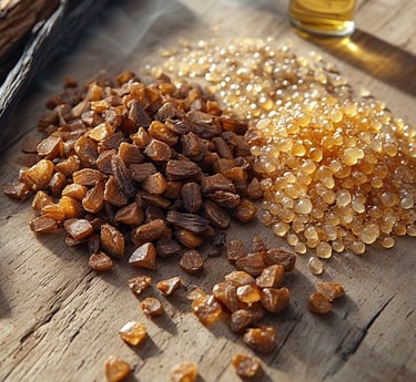 Scent-Stacking Flat-lay featuring vanilla pods, sandalwood chips, amber resin, musk pearls