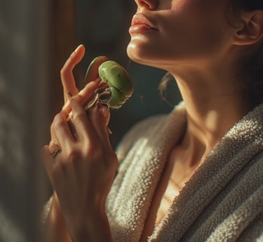 Woman in a soft robe standing at her bathroom mirror using a jade roller
