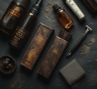 Men’s grooming flat-lay featuring beard oil, trimmer, razor, and skincare bottles on a dark stone