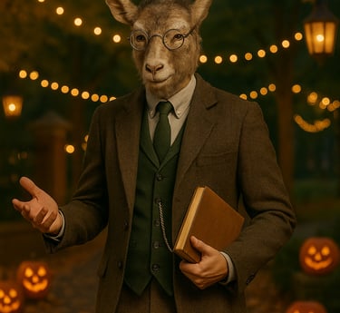 A person dressed as Doctor Dillamond in an anthropomorphic goat professor costume with tweed jacket.