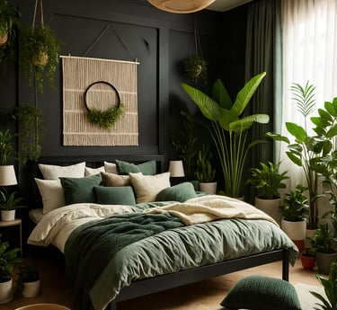 A dark boho bedroom with deep charcoal indigo walls, burnt orange curtains, and warm amber lighting.