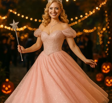 A glamorous young woman dressed as Glinda the Good Witch twirls in a sparkling layered pink gown.