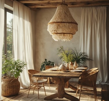 Boho Beaded Shell Chandelier in simple dining room