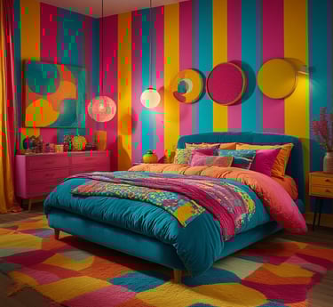Funhaus Bedroom with bold, graphic striped accent wall in hot pink, turquoise, and sunshine yellow.