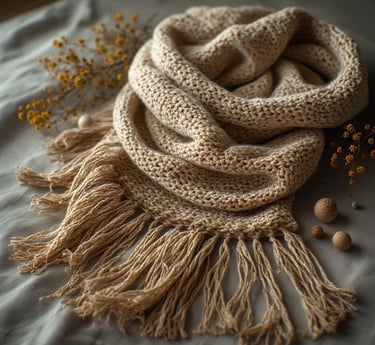 Boho-style crochet tassel scarf in soft beige with fringe ends