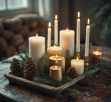 Holiday candle vignette with pinecones, fir sprigs, and gold accents