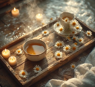 Overhead shot of a rustic wood bath tray with chamomile flowers, a steaming mug of tea, and candles.