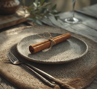 Rustic modern holiday place setting with cinnamon-tied napkin and woven charger