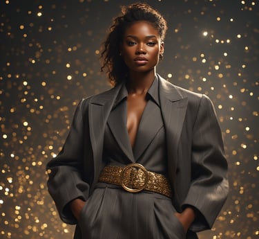 A confident model in an oversized charcoal baggy suit, exaggerated structured shoulders