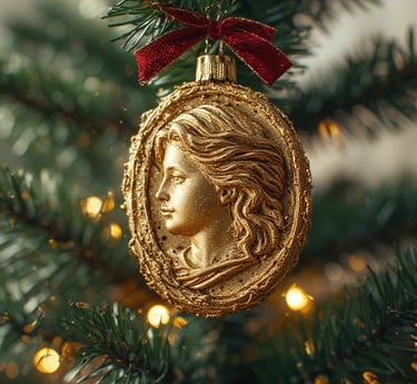 Gold leaf cameo ornament with velvet ribbon on Christmas tree.