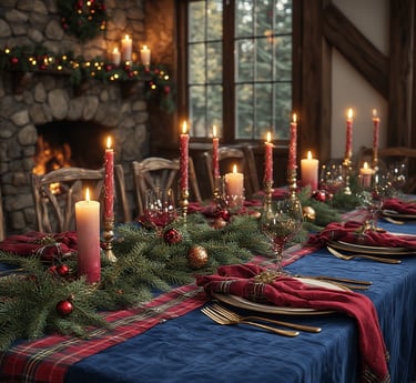 Navy, cranberry, and gold Ralph Lauren Christmas palette with tartan accents.