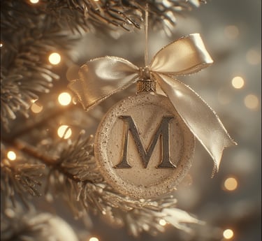 Ivory monogram ornament with pewter highlight and satin bow.